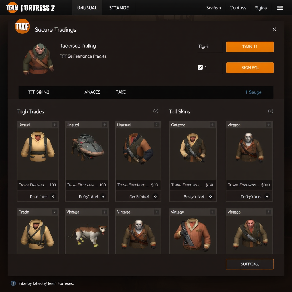 Team Fortress 2 trading platform interface showing various TF2 skins including Unusual, Strange, and Vintage items with secure trading features