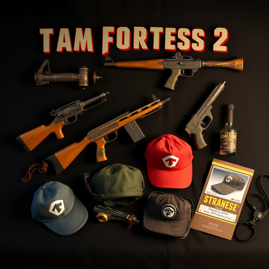 Collection of vintage Team Fortress 2 items including Strange quality weapons, unusual hats, and promotional items from 2007-2009 era displayed on dark background with golden lighting highlighting their rarity and value