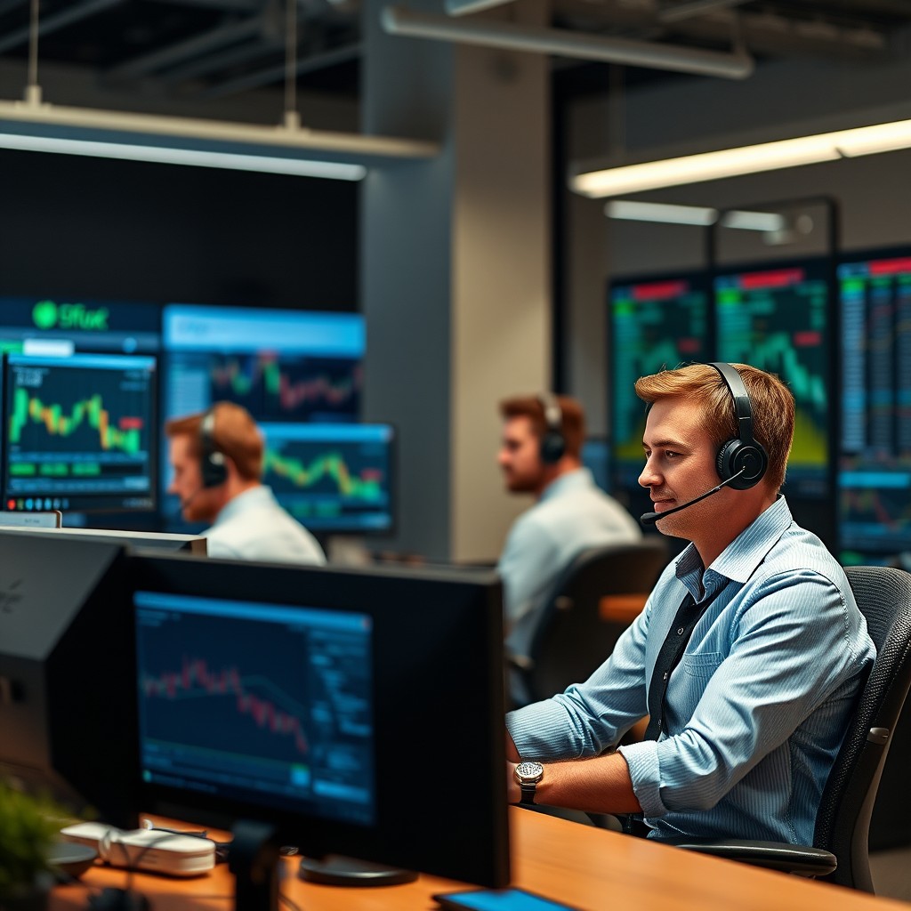 Professional customer support representatives working at their desks with multiple monitors showing TF2 trading interfaces and chat windows, available 24 hours a day