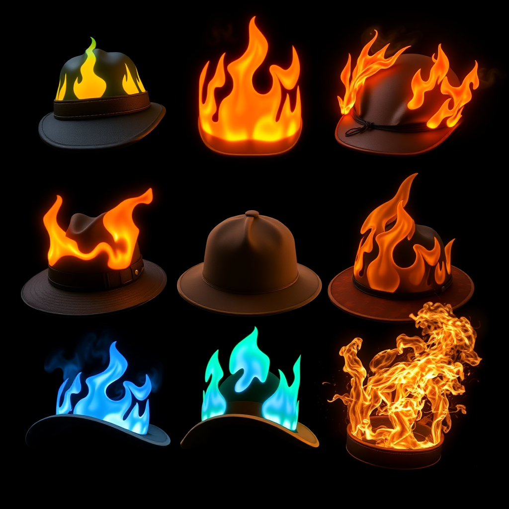 Collection of rare Unusual Team Fortress 2 hats with glowing particle effects, including burning flames, scorching flames, and other premium effects against dark background