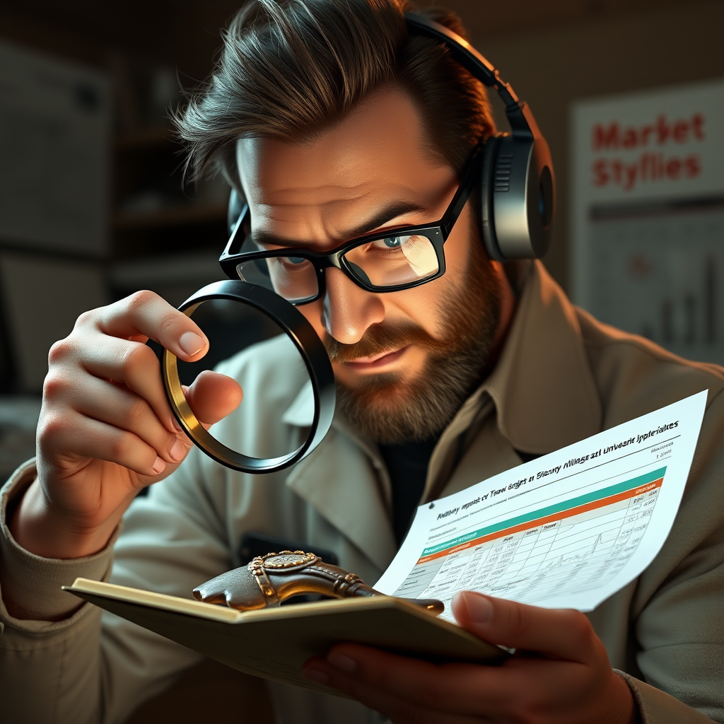 Professional appraisal expert examining rare Team Fortress 2 Unusual and Strange items with magnifying glass, price charts, and market analysis tools for accurate skin valuation