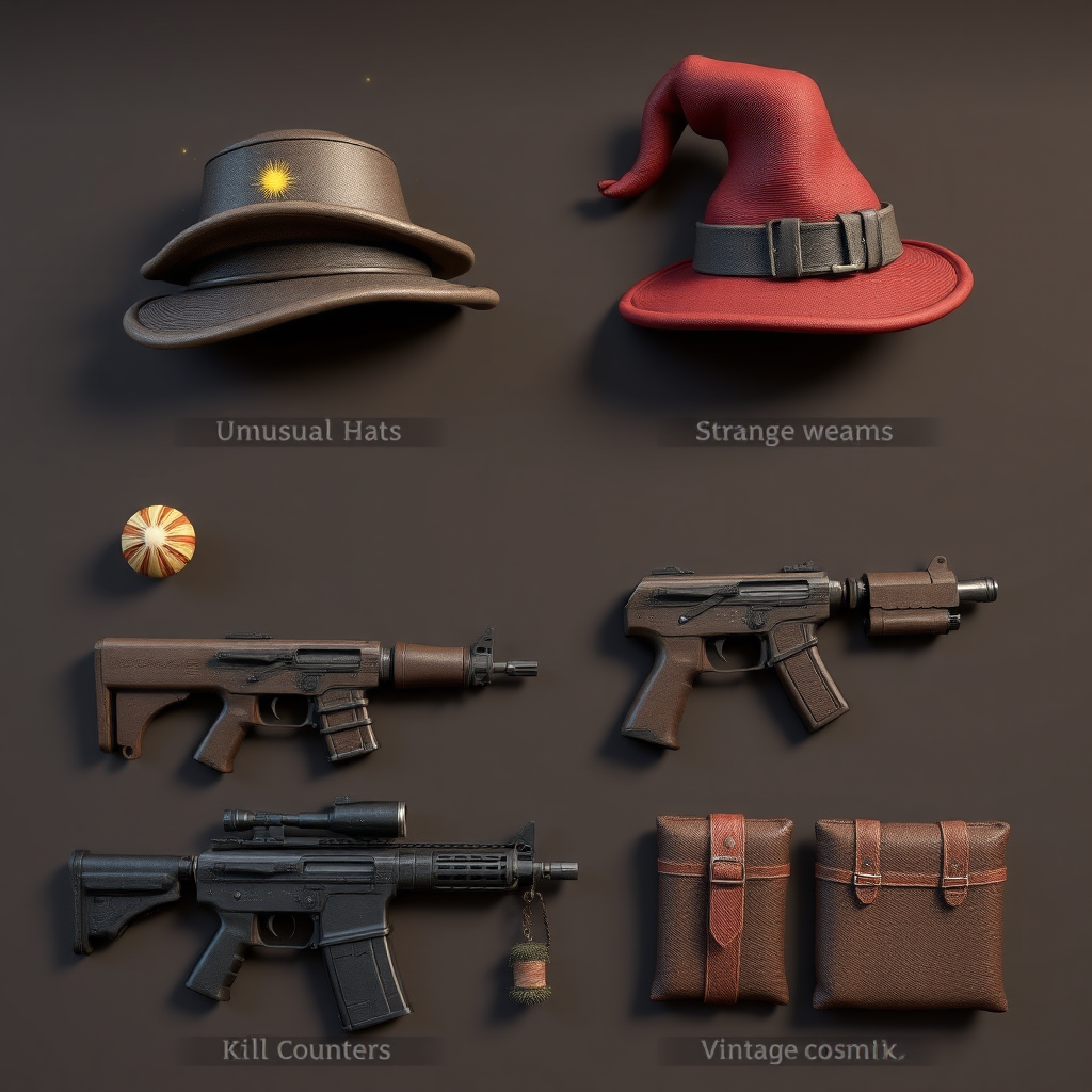 Collection of valuable Team Fortress 2 items including Unusual hats with particle effects, Strange weapons with kill counters, and Vintage cosmetics displayed for professional valuation