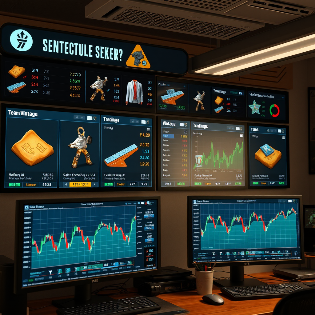 Screenshot of Team Fortress 2 trading interface showing high-value vintage items with price charts and market trends displayed on multiple monitors in a modern trading setup