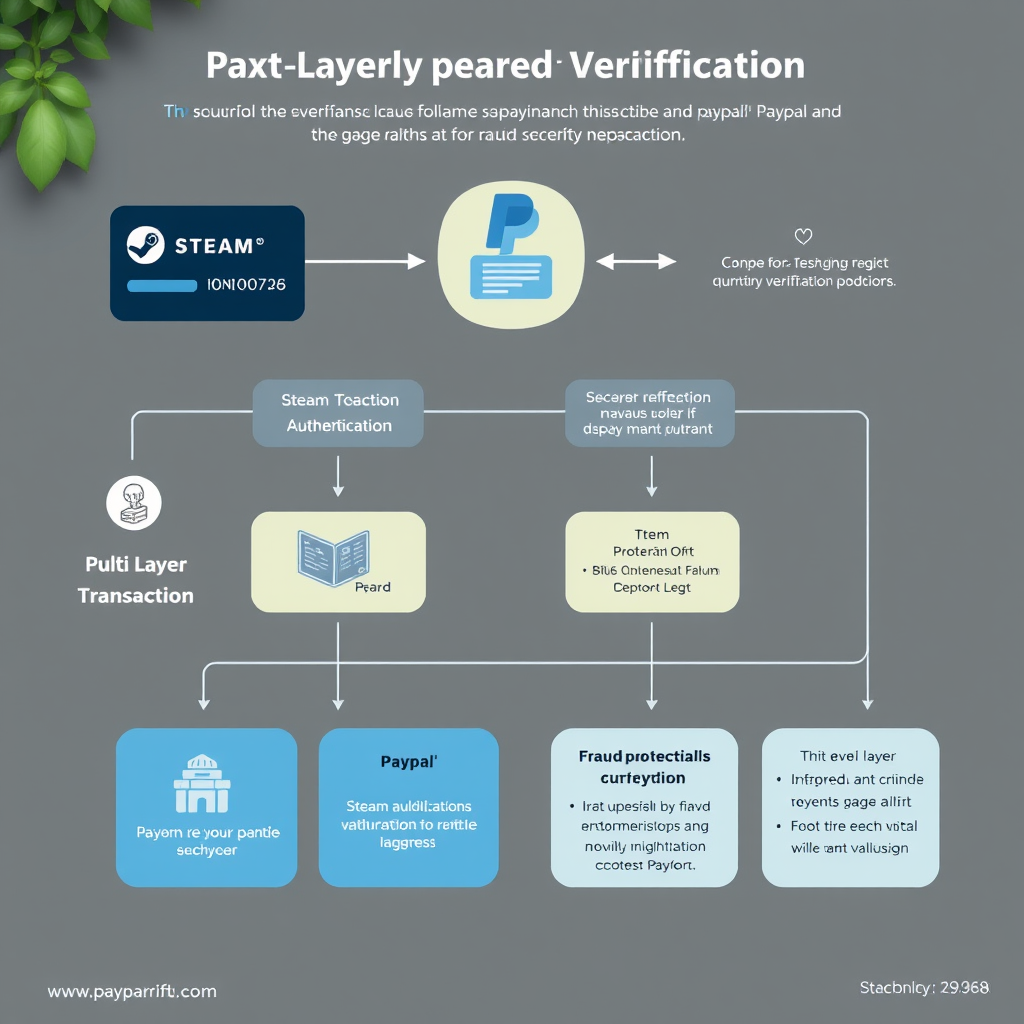 Flowchart illustration showing multi-layer security verification process for PayPal transactions including Steam authentication, item validation, and fraud protection measures