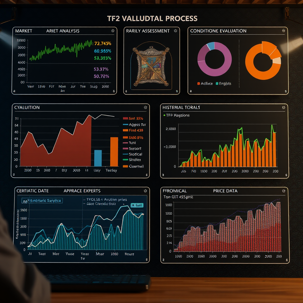 Professional TF2 item valuation process showing market analysis charts, rarity assessment tools, condition evaluation interface, and historical price data graphs used by certified appraisal experts