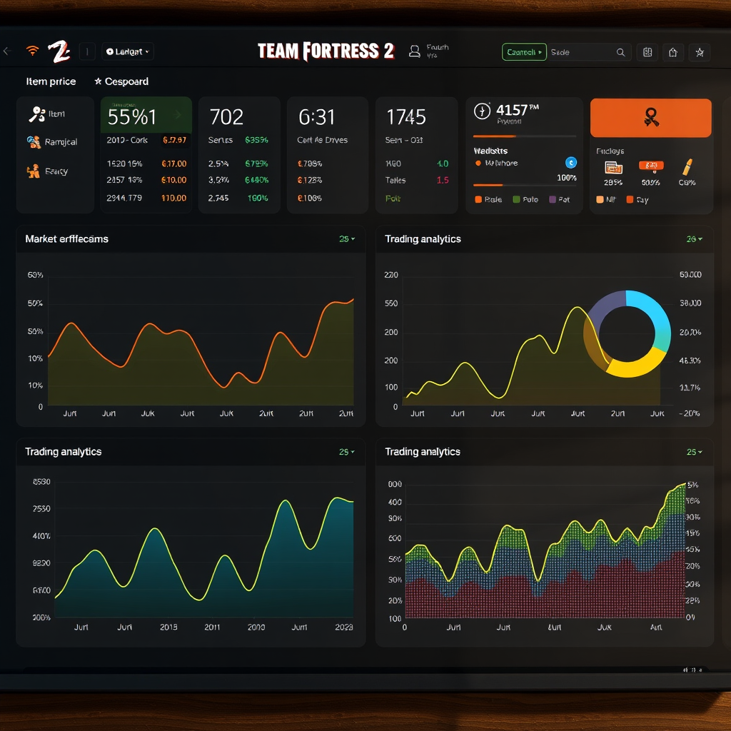 Dashboard showing Team Fortress 2 item price charts, market trends, and trading analytics with colorful graphs and statistics
