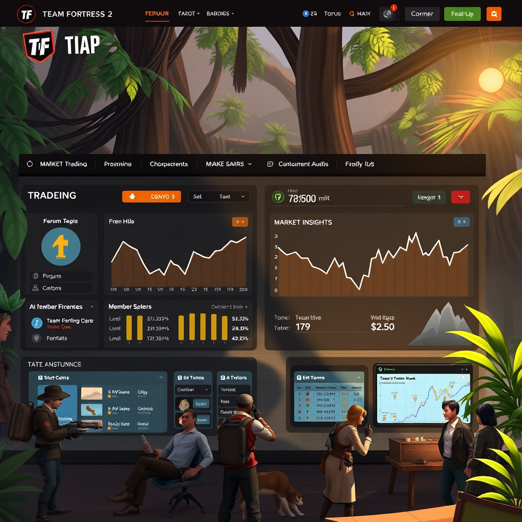 Vibrant Team Fortress 2 community trading hub with forum discussions, market insights dashboard, member networking, and TF2 enthusiasts sharing trading strategies and rare item discoveries