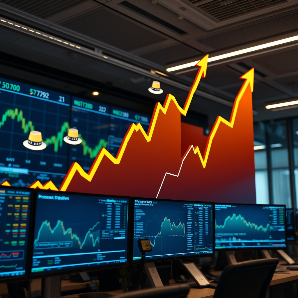 Professional trading chart showing upward growth trends with TF2 Unusual hat icons and market statistics displayed on multiple monitors in a modern trading office environment