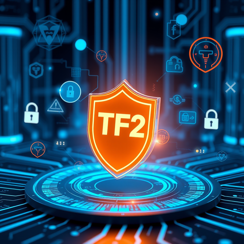 Digital security concept showing a glowing shield protecting TF2 items with cybersecurity elements, fraud detection algorithms, and secure transaction symbols in a high-tech blue environment