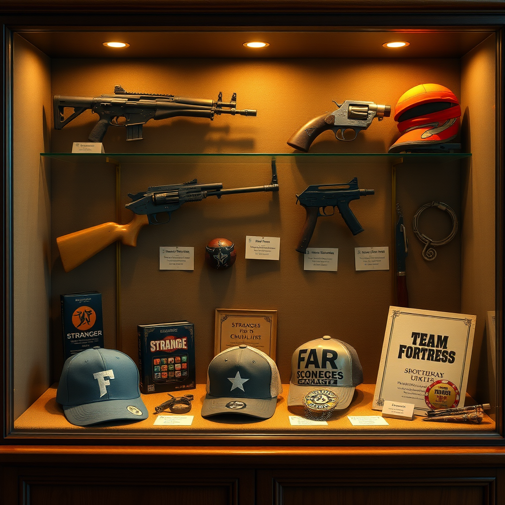 Collection of rare vintage Team Fortress 2 items from 2007-2009 including Strange quality weapons, Unusual hats, and promotional items displayed in an elegant collector's showcase with golden lighting